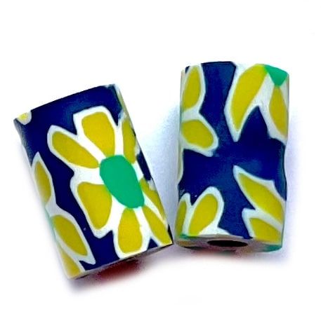 CE304 Yellow and Blue Floral Tube Bead