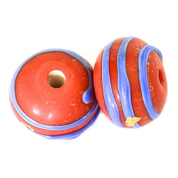 GL6666 Blue Stripe on Orange Red Rondelle Bead